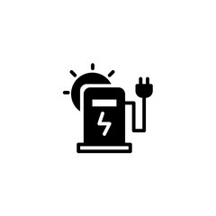 Electric station with thunder and sun. Vector line icon black and white with green eco energy theme