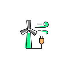 Wind turbines power plant and plug with wind energy. Vector line icon black and white with green eco energy theme