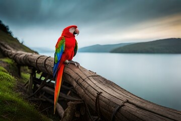 Parrot sitting on the shoot on the bank of the river