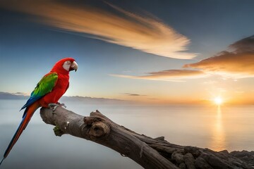 Parrot sitting on the shoot on the bank of the river