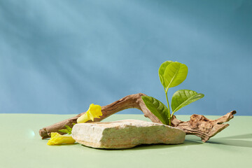 On a blue background with leaf shadow, a gray stone podium decorated with green leaf and yellow...