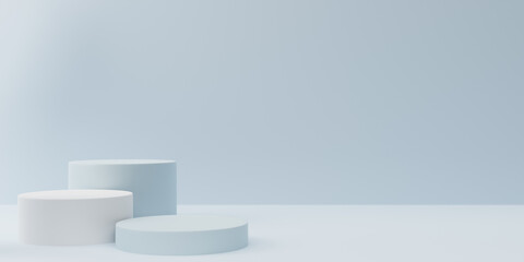 Empty light blue clean room with set of three steps 3D cylinder podium pedestal or product display stand. 3d rendering