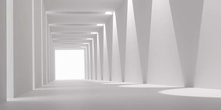Empty Long Light Corridor. Modern white background. Futuristic Sci-Fi square Tunnel. 3D Rendering