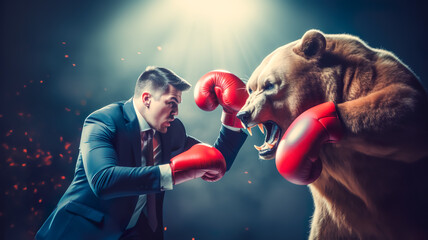 bearish or market down concepts with businessman fighting with big bear. economy and  investment.generative ai technology