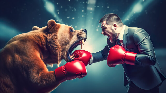 bearish or market down concepts with businessman fighting with big bear. economy and  investment.generative ai technology