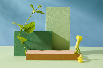 Minimal empty display product presentation scene with rectangular podiums, yellow flowers and green...
