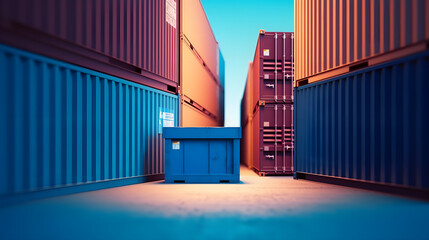 Blue Containers Cargo Ship Import/Export, Cargo Freight Shipping of Container Logistics Industry. Nautical Transport Distribution Yard, Business Commercial Dock, and Transportation.