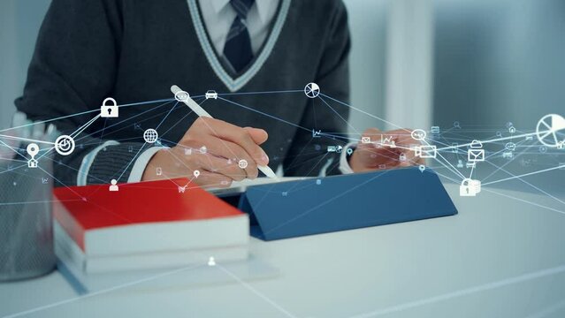 Student studying with tablet and communication network concept.