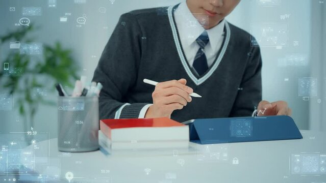 Students studying with tablets and digital data concept.