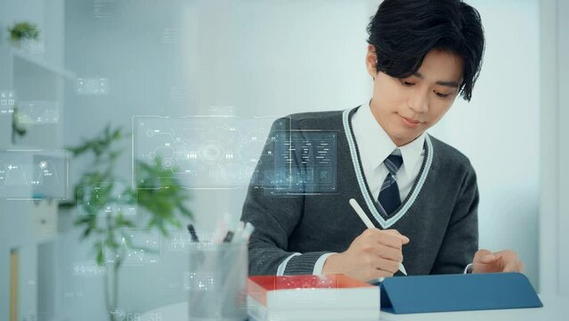 タブレットを使って勉強する学生とデジタルデータイメージ