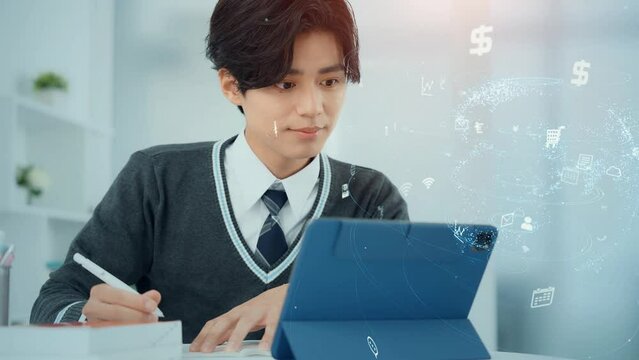 タブレットを使って勉強する学生とデジタルデータイメージ