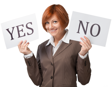 Business woman shows yes and no sign - Powered by Adobe