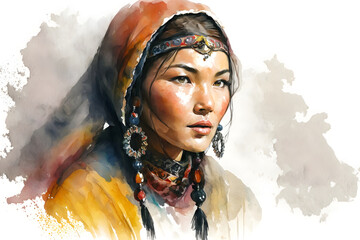 Generative ai portrait of beautiful asian kazakh mongolian chinese woman in national costume