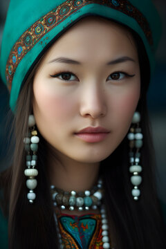 Generative ai portrait of beautiful asian kazakh mongolian chinese woman in national costume