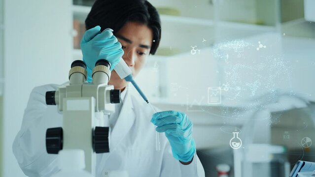 実験する研究者と科学技術イメージ