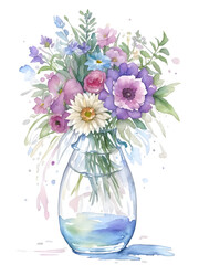 Watercolor vase of flowers clipart on transparent background ,generative ai