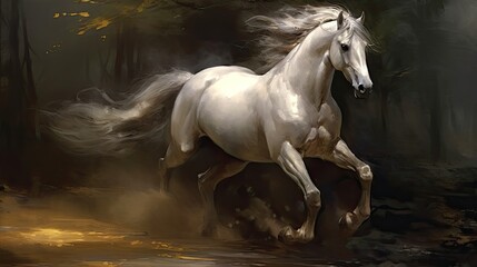 Fototapeta na wymiar a white horse running in the dirt