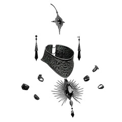 Onyx and silver jewelry set for women with pendant necklace, headdress, earrings, and various rings, 3D Illustration, 3D Rendering