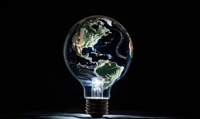 Earth Hour concept: planet inside a lightbulb glowing Creating using generative AI tools
