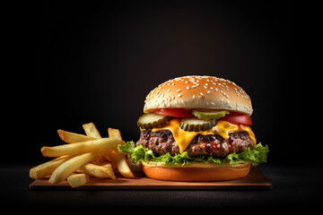 fresh tasty burger and french fries on dark background