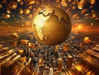 Obraz premium A gold globe, earth finance concept economy global business, skyscrapers in the background. Generative AI