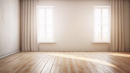 Fototapeta na wymiar White room interior and wood plank floor with shadow sunlight, Perspective of minimal design architecture, Window and sunlight wallpaper, background for poster, cover, product showcase, AI generated.