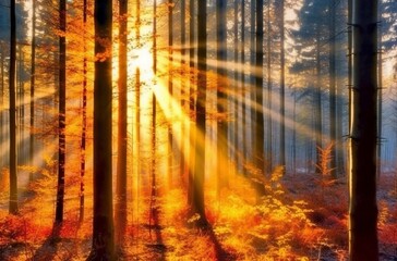 Fototapeta na wymiar Sunlit autumn forest. Made with Generative AI technology