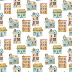 Seamless watercolor pattern with cute houses. Hand drawn blue old and cozy small buildings on white background.