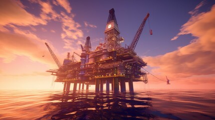 Large Offshore oil rig drilling platform at sunset and beautiful sky. Generative Ai