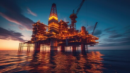 Large Offshore oil rig drilling platform at sunset and beautiful sky. Generative Ai - obrazy, fototapety, plakaty