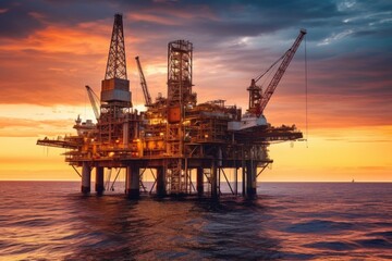 Fototapeta na wymiar Large Offshore oil rig drilling platform at sunset and beautiful sky. Generative Ai