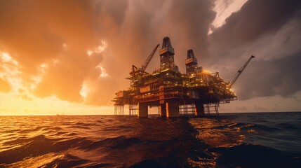 Fototapeta na wymiar Large Offshore oil rig drilling platform at sunset and beautiful sky. Generative Ai
