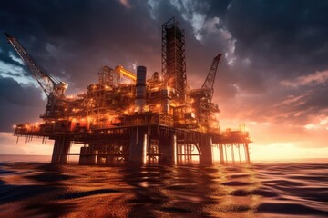 Obraz premium Large Offshore oil rig drilling platform at sunset and beautiful sky. Generative Ai