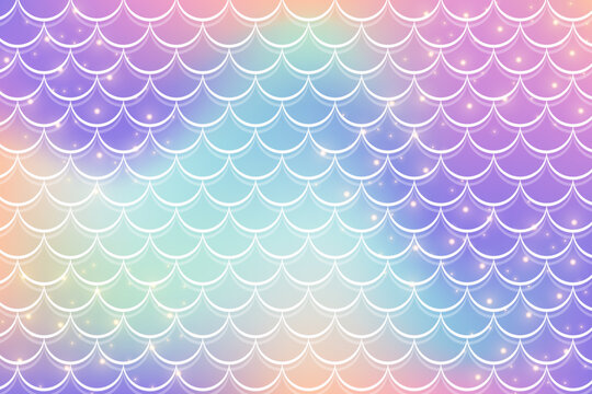 Mermaid rainbow background in fantasy style with scales. Unicorn holographic gradient texture. Sea fish kawaii vector backdrop.