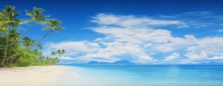 Illustration of a Beautiful tropical island with palm trees and a beach. Created with Generative AI technology