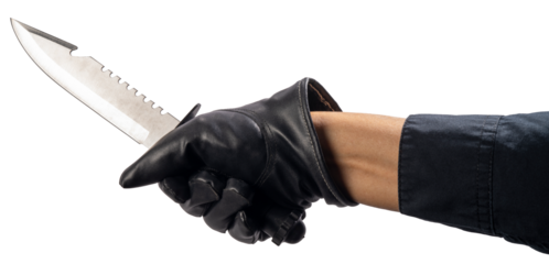 Close up Murderer or Criminal Hand holding a knife isolated on white background, Hand Holding knife on White Background PNG File.
