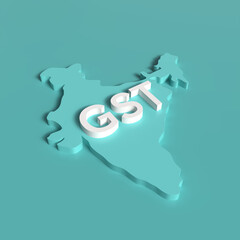 Goods and Service Tax (GST) Text India Map 3D Shape on Green Background