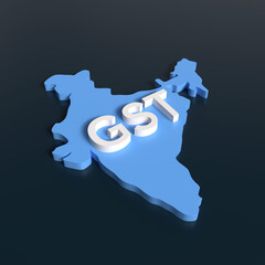 Goods and Service Tax (GST) Text India Map 3D Shape on Black Background
