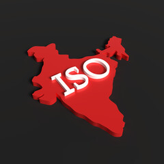 International Organization for Standardization (ISO) Text  India Map 3D Shape on Black Background