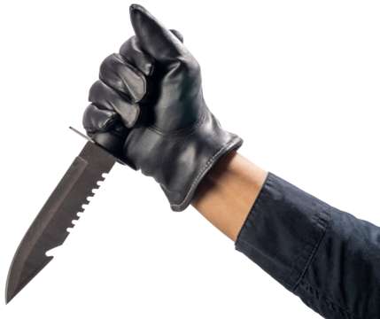 Close up Murderer or Criminal Hand holding a knife isolated on white background, Hand Holding knife on White Background PNG File.