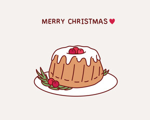 Christmas chocolate bundt cake with glaze decorated with fresh berries and rosemary. Winter baking at Xmas or New Year with decorations. Hand drawn style vector design illustrations.