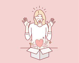 happy smiling girl opening a gift box. Mystery box icon heart mark inside gift box. Hand drawn style vector design illustrations.