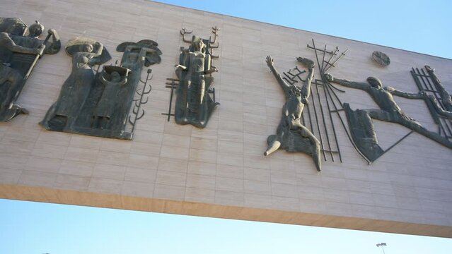 Freedom Monument at Baghdad, Iraq. Low angle and panning