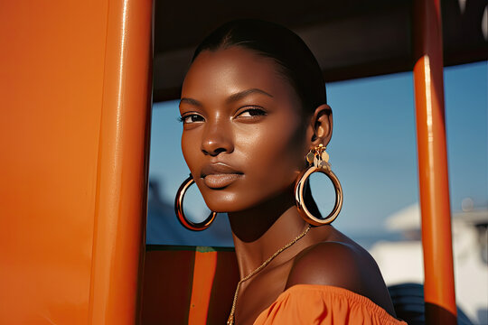 a woman in an orange dress with large hoop earrings on her face, looking at the camera while standing outside