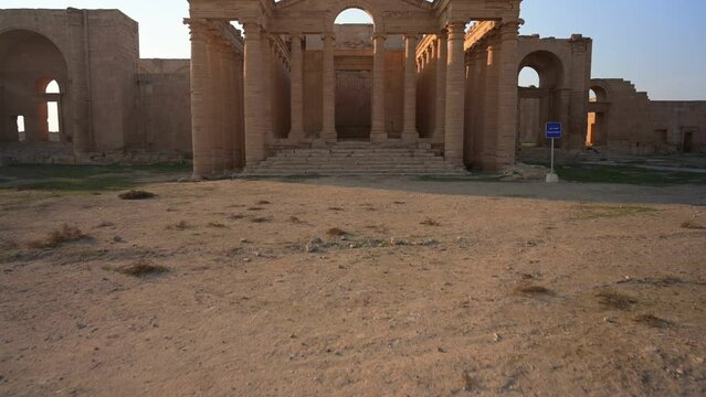 Stunning view of Shamash Temple at Hatra in Iraq. Fpv tilt-up