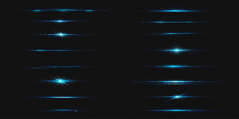 Blue line light glow with sparkle and flare shine. Horizontal turquoise neon streak effect isolated on transparent background. Magic flash laser strip divider with glitter shimmer design illustration