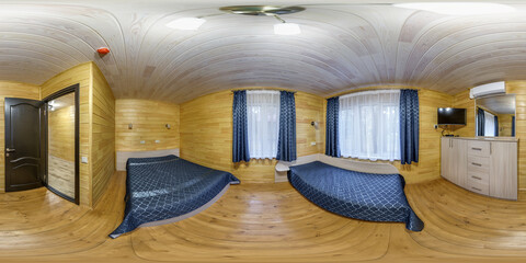 360 hdri panorama in interior of wooden eco bedroom in rustic style homestead on mansard floor with...