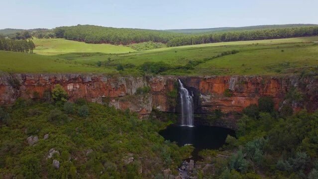 South Africa aerial drone Lisbon Berlin Falls waterfalls Sabie cinematic Kruger National Park partially cloudy lush spring summer green stunning river landscape bush slowly right movement