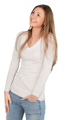 Happy Woman Standing with Hand in Pocket - Isolated