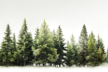 Fototapeta na wymiar A scenic winter forest with a row of snow-covered trees on a white background is AI Generative.
